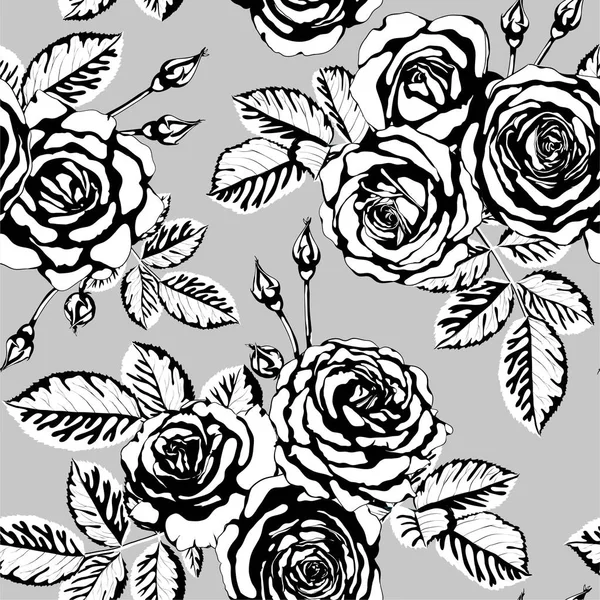 Beautiful vintage seamless pattern with black and white bouquets of roses buds, leaves. design greeting card and invitation of the wedding, birthday, Valentine's Day, mother's day and other holiday. — Stock Vector