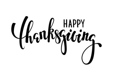 Mutlu Şükran Günleri. El yazısı ve fırça kalem harfleri. Bayram tebrik kartı tasarımı ve mevsimlik Amerikan ve Kanada sonbahar tatillerinin davetiyesi.