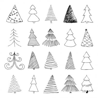 Elle çizilmiş kroki Noel ağacı kümesi. tatil tebrik kartları ve davetiyeler neşeli Noel ve mutlu yeni yıl, afiş, poster, logo ve mevsimlik tatil için tasarım.