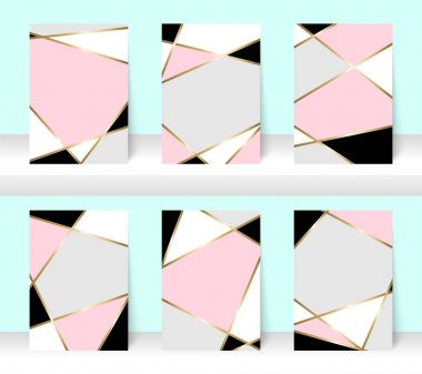 Soyut Model arka plan iş broşürü kapak tasarımı için altın çizgili. Pembe, beyaz, gri, siyah ve altın vektör afiş poster şablonu. İskandinav tarzı tebrik kartı