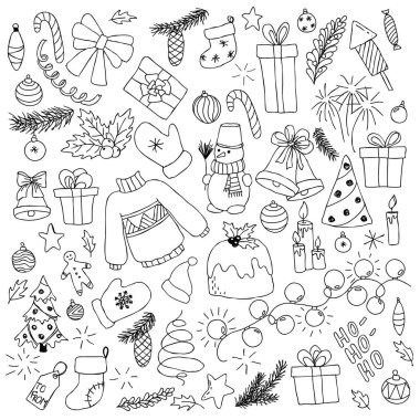 Mutlu yeni yıl ve mutlu Noeller kümesi doodle. . tatil tebrik kartları ve davetiyeler neşeli Noel ve mutlu yeni yıl, afiş, logo, mevsim kış tatil tasarım.