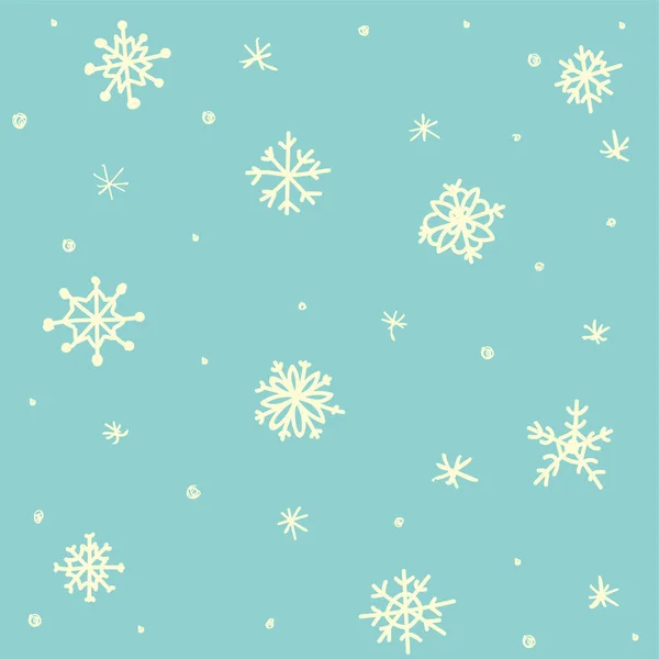 Naadloos patroon met de hand getekend witte sneeuwvlokken op blauwe, eenvoudige winterachtergrond. ontwerp voor vakantie wenskaarten en uitnodigingen van de Vrolijke Kerst en Gelukkig Nieuwjaar, wintervakantie — Stockvector