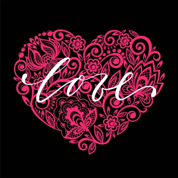 Te amo Caligrafía dibujada a mano y letras de lápiz de pincel con corazón rosa remolino floral. diseño para la tarjeta de felicitación de vacaciones y la invitación del día de San Valentín, boda y feliz día del amor — Vector de stock