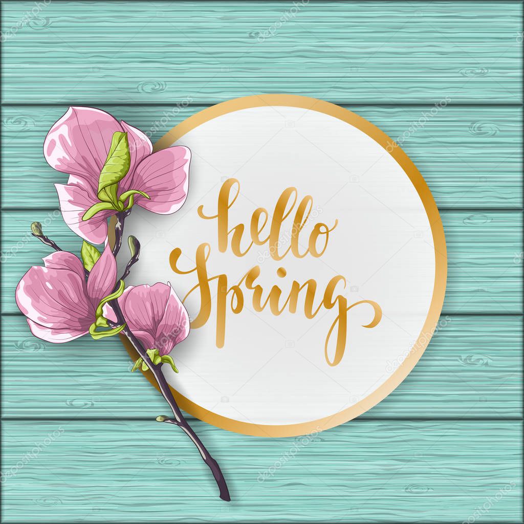 Flat lay style mother s day greeting card with flower magnolia twig on blue wooden table. Hello spring Hand drawn brush pen lettering. design holiday greeting card and invitation of wedding, birthday