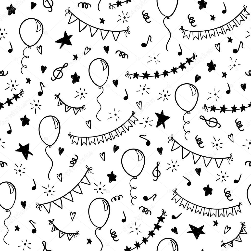 seamless pattern hand drawn doodle cartoon objects and symbols of birthday party. design holiday greeting card and invitation of wedding, Happy mother day, birthday, Valentine s day and holidays