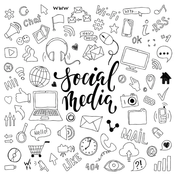 Μεγάλο σύνολο χέρι doodle κινούμενα αντικείμενα και σύμβολα με την επιγραφή. σχετικά με το θέμα των κοινωνικών μέσων μαζικής ενημέρωσης — Διανυσματικό Αρχείο