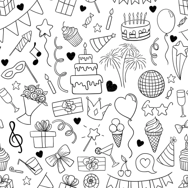 Seamless mönster av handritad doodle tecknad föremål och symboler på födelsedagsfest. design holiday gratulationskort och inbjudan av bröllop, glad mors dag, födelsedag, alla hjärtans dag och semester — Stock vektor