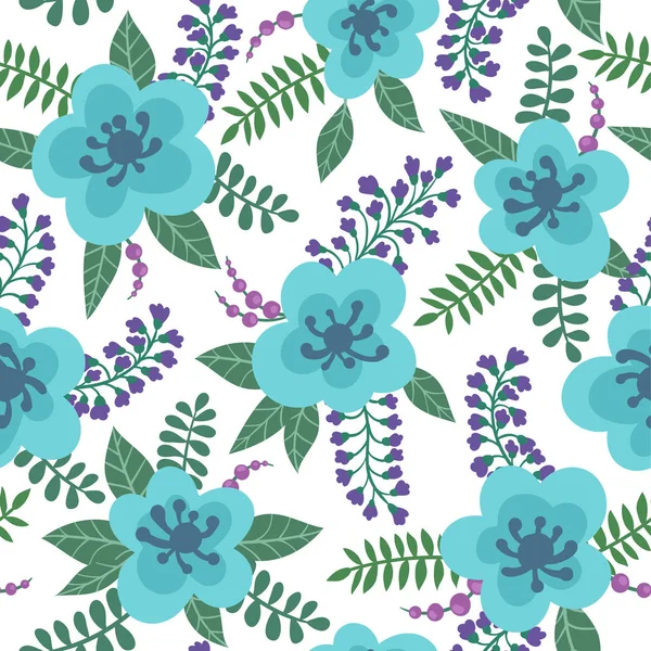 Λουλουδάτο μοτίβο με έντονο μπλε λουλούδια, φυτά, κλαδιά και μούρα σε λευκό φόντο. σχεδιασμού ευχετήρια κάρτα και πρόσκληση του γάμου, γενέθλια, ημέρα ευτυχισμένη μητέρα Αγίου Βαλεντίνου s ημέρα και εποχιακά Χο — Διανυσματικό Αρχείο