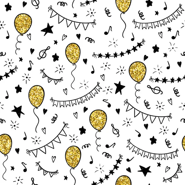 Senza soluzione di continuità modello disegnato a mano doodle oggetti dei cartoni animati e simboli della festa di compleanno. biglietto di auguri per le vacanze di design e invito al matrimonio, felice festa della mamma, compleanno, San Valentino e vacanze — Vettoriale Stock