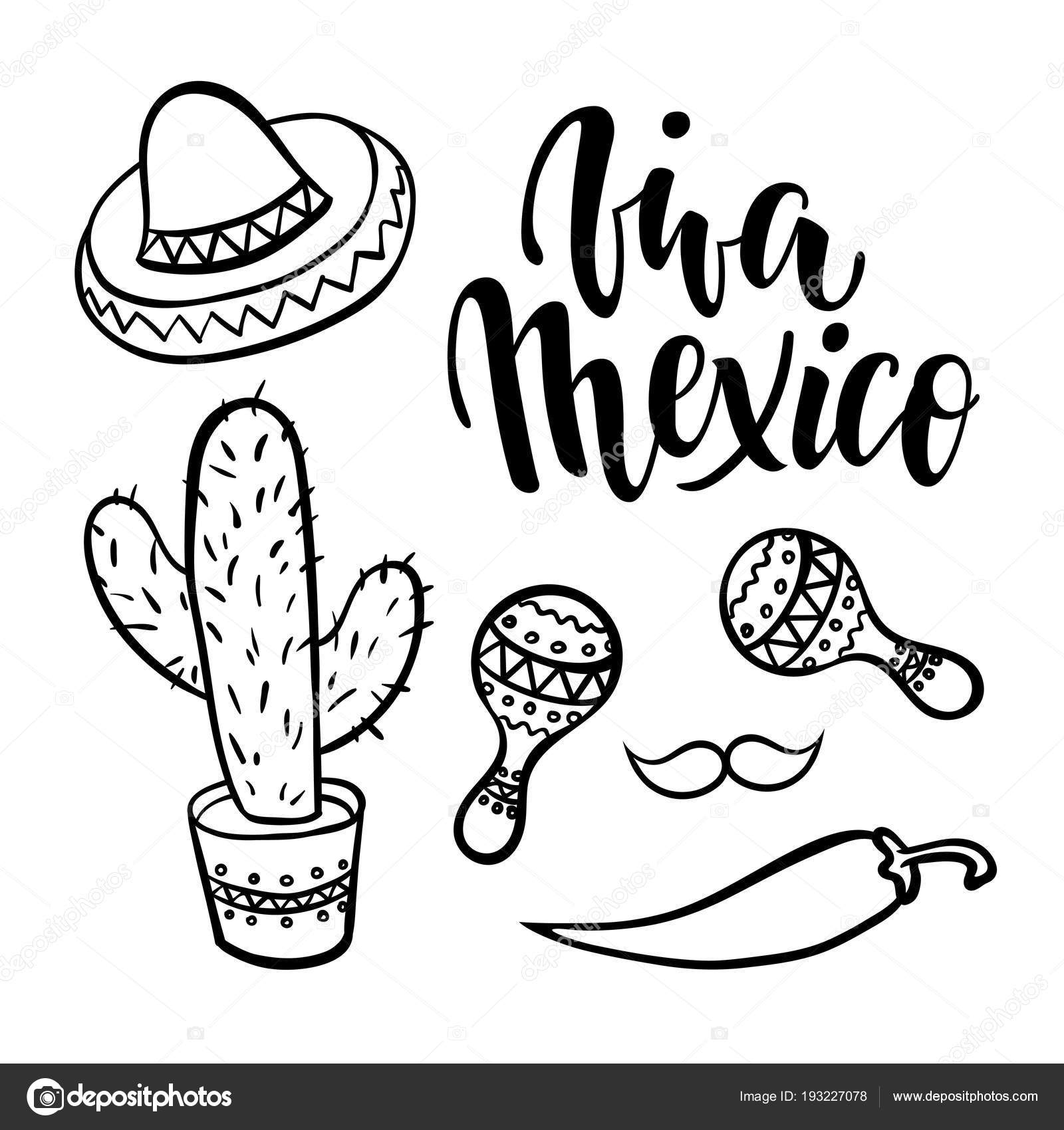 Viva México. Dibujado a mano Letras frase con doodle mexicano símbolos