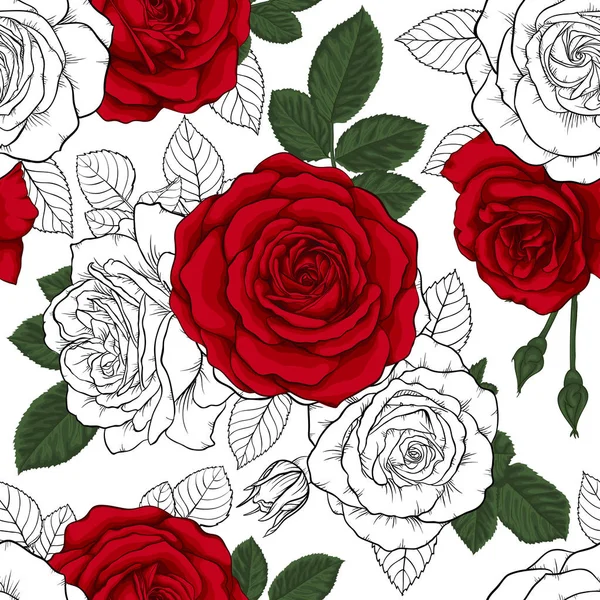 Beau motif vintage sans couture avec des roses rouges, noires et blanches. carte de vœux design et invitation du mariage, anniversaire, Saint Valentin, fête des mères et autres vacances . — Image vectorielle