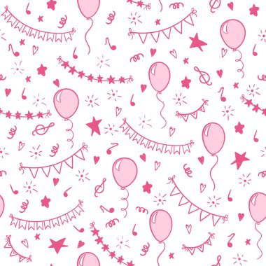 Dikişsiz desen elle çizilmiş doodle karikatür nesneler ve simgeler doğum günü partisi. Tasarım tatil tebrik kartı ve davetiye düğün, mutlu anneler günü, doğum günü, Sevgililer günü ve tatil