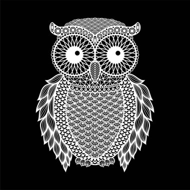 Zentangle siyah baykuş stilize. Beyaz arka plan üzerinde izole çizilmiş vektör çizim ver. Vintage kroki dövme tasarım veya mehandi için