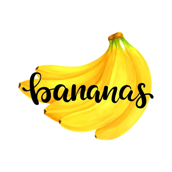 Pennarelli disegnati a mano che dipingono banana di frutta su sfondo bianco con scritte banane. design per biglietti di auguri e inviti di vacanze estive stagionali, succhi di frutta freschi e dessert di banane — Vettoriale Stock