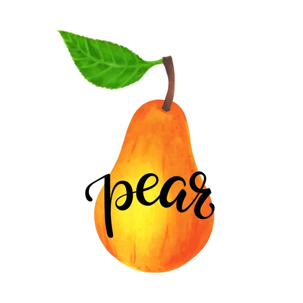 Pera amarilla realista con hoja con palabra de letras pera. aislado sobre fondo blanco. Ilustración vectorial — Vector de stock