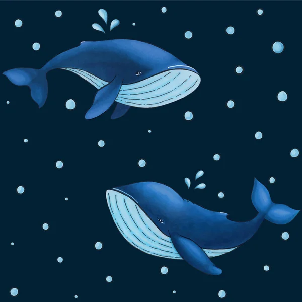 Modèle sans couture vectoriel avec mignon dessin animé baleine bleue sur fond sombre avec des gouttes d'eau — Image vectorielle