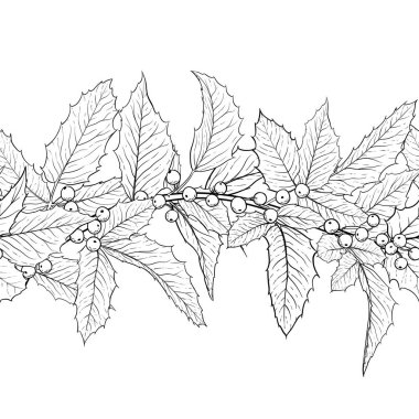 Yatay siyah-beyaz desensiz Holly, böğürtlenli ilex dalı ve git. Mutlu Noeller ve yeni yılların, mevsimsel kış tatillerinin kutlama kartları ve davetiyelerini tasarla.