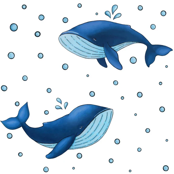 Modèle sans couture vectoriel avec mignon dessin animé baleine bleue sur fond blanc avec des gouttes d'eau — Image vectorielle