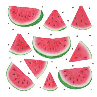 Beyaz arka planda elle çizilmiş karpuz dilimleri. Vektör illüstrasyonu