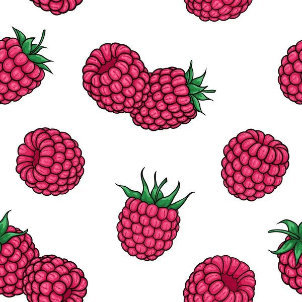 Seamless pattern pink raspberries with black contour on white background, symbol of summer. design holiday greeting card and invitation of seasonal summer holidays, beach parties, tourism and travel — 스톡 벡터