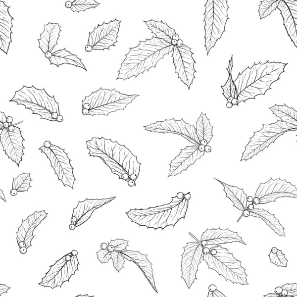 Μαύρο και άσπρο χωρίς ραφή μοτίβο Holly, ilex υποκατάστημα με φύλλα σε λευκό φόντο. Σχεδιασμός ευχετήριες κάρτες διακοπών και προσκλήσεις Καλά Χριστούγεννα και Ευτυχισμένο το Νέο Έτος, εποχιακές χειμερινές διακοπές — Διανυσματικό Αρχείο