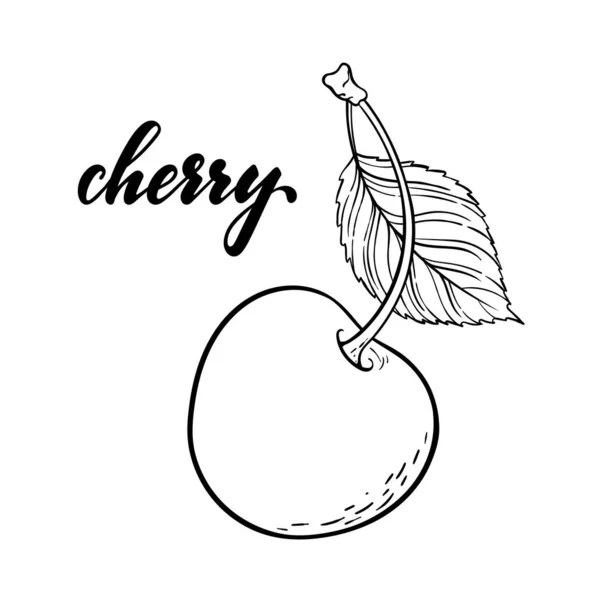 Kartun indah hitam dan putih garis besar cherry dengan tulisan cherry. desain untuk kartu ucapan liburan dan undangan liburan musim panas musiman, pesta pantai, pariwisata dan perjalanan . - Stok Vektor