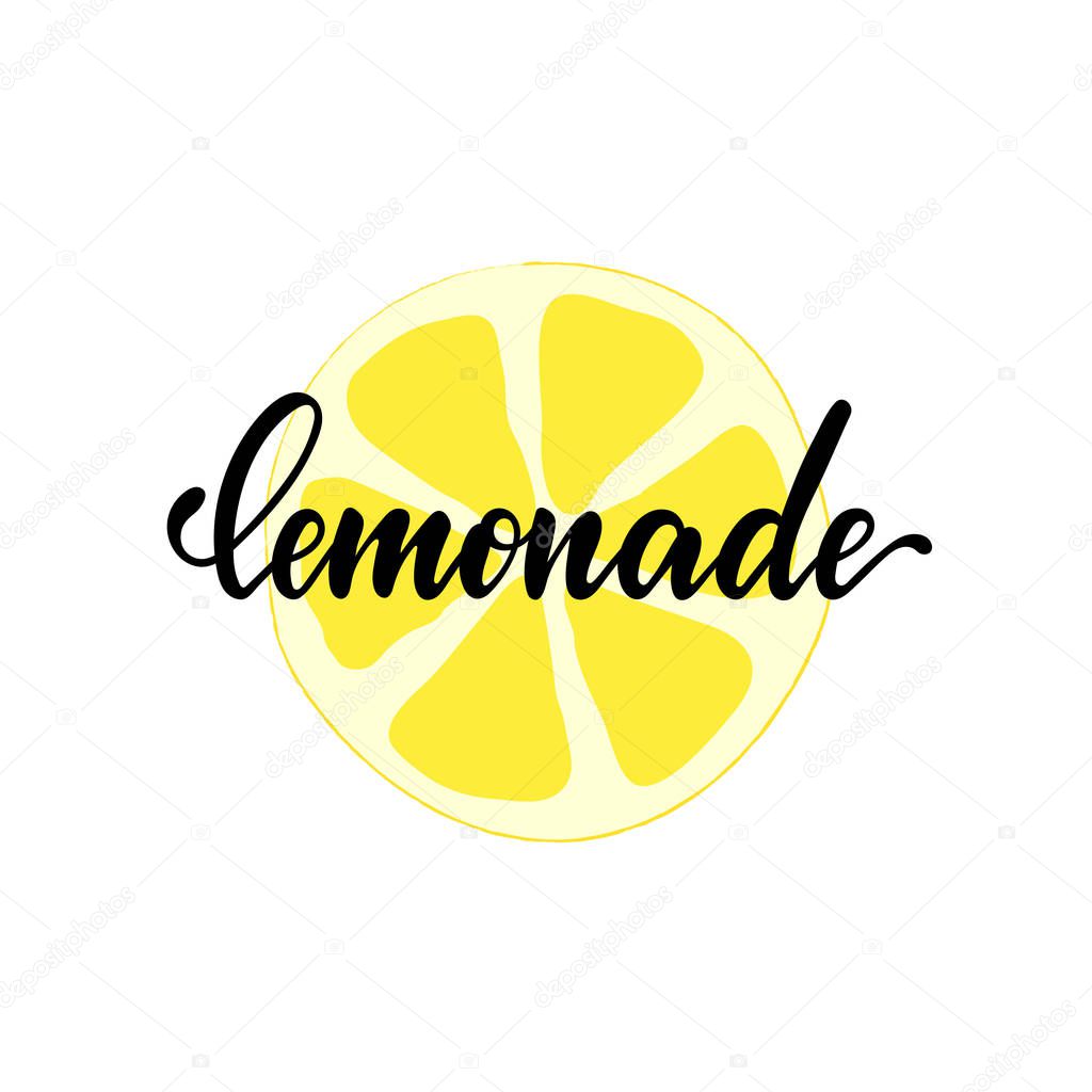 Black and white lettering inscriptions Lemonade with doodle slice menu. Hand drawn text sticker kit on healthy cooling drinks. Modern calligraphy for restaurant, cafe, bar menu design