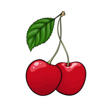 Siyah şeritli güzel kırmızı kiraz çizgi filmi, yazın sembolü. Bayram tebrik kartı tasarımı ve mevsimlik yaz tatilleri, plaj partileri, turizm ve seyahat davetiyeleri.