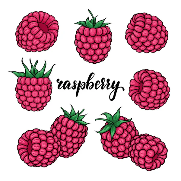 Set kartun indah merah muda raspberry dengan kontur hitam, simbol musim panas. desain untuk kartu ucapan liburan dan undangan liburan musim panas musiman, pesta pantai, pariwisata dan perjalanan - Stok Vektor