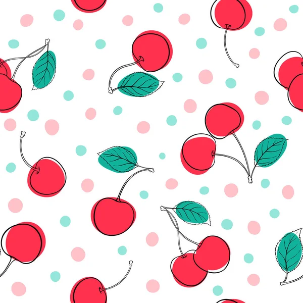 Beautiful seamless pattern cartoon black and white outline cherry, pink and green dots. design for holiday greeting card and invitation of seasonal summer holidays, beach parties, tourism and travel — 스톡 벡터