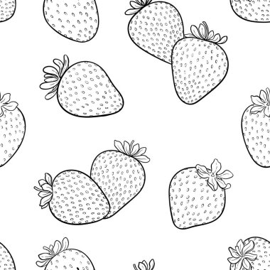 Güzel, pürüzsüz çizgi film karakteri, siyah ve beyaz ana hatlı çilek, yazın sembolü. Bayram tebrik kartı tasarımı ve mevsimlik yaz tatilleri, plaj partileri, turizm ve seyahat davetiyeleri.