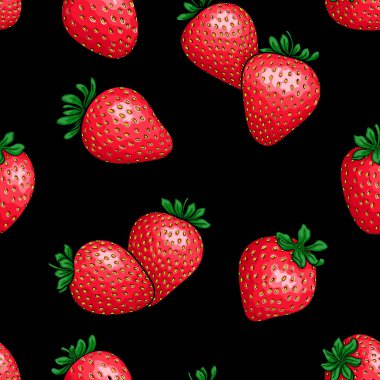 Siyah arka planda siyah çizgili, kusursuz desenli kırmızı çilek. Yazın sembolü. Mevsimlik yaz tatilleri, plaj partileri, turizm ve seyahat için tasarım tebrik kartı ve davetiyesi