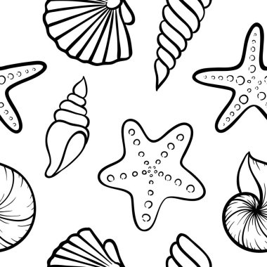 Siyah ve beyaz Seashell seamless modeli. tatil tebrik kartı ve davetiye mevsimlik yaz tatillerini, yaz plaj partileri, turizm ve seyahat için tasarım