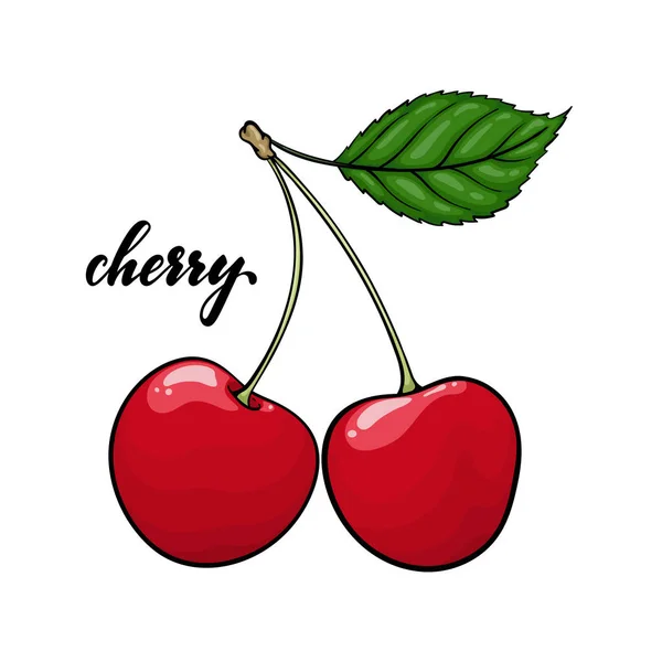 Beautiful cartoon red cherry with lettering text cherry. design for holiday greeting card and invitation of seasonal summer holidays, beach parties, tourism and travel. — Stock Vector