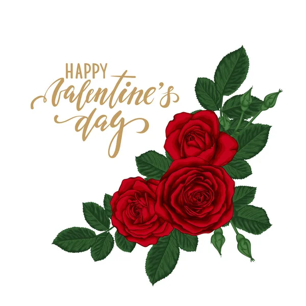 Buon San Valentino. Calligrafia creativa disegnata a mano e pennello lettering con bordo di bouquet rose rosse e foglie. design holiday biglietto di auguri e invito San Valentino, Felice giorno dell'amore — Vettoriale Stock