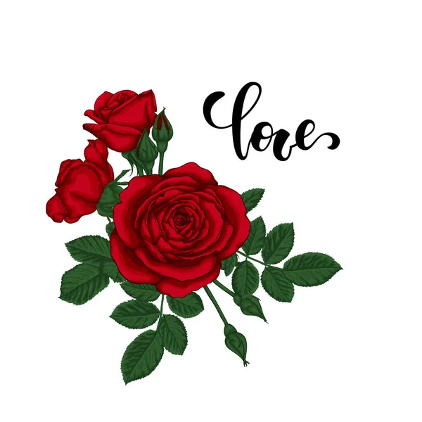 Word love. Hand drawn creative calligraphy and brush pen lettering with border of bouquet red roses and leaves. design holiday greeting card and invitation Valentine s day, Happy love day — Stock Vector