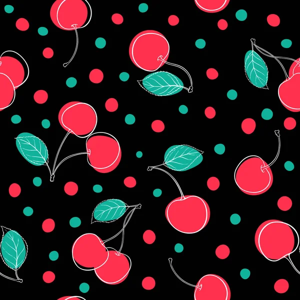 Beautiful seamless pattern cartoon black and white outline cherry, pink and green dots. design for holiday greeting card and invitation of seasonal summer holidays, beach parties, tourism and travel — 스톡 벡터