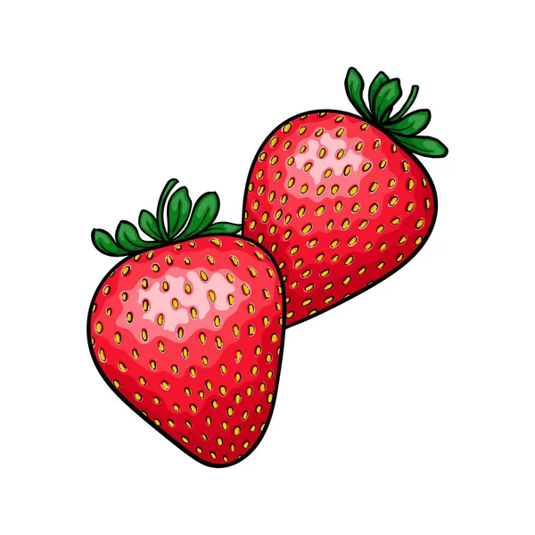 Vackra tecknade röda jordgubbar med svart kontur, symbol för sommaren. design för semester gratulationskort och inbjudan av säsongsbetonade sommarsemester, strandfester, turism och resor. — Stock vektor