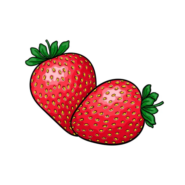 Beautiful cartoon red strawberry with black contour, symbol of summer. design for holiday greeting card and invitation of seasonal summer holidays, beach parties, tourism and travel. — Stock Vector