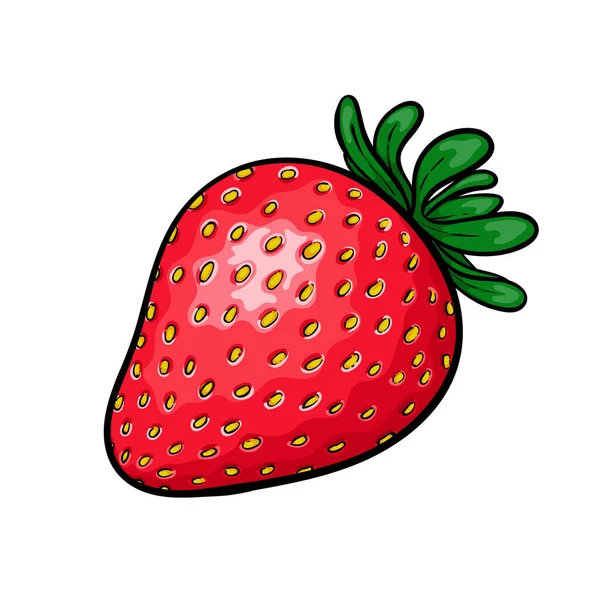 Kartun indah strawberry merah dengan kontur hitam, simbol musim panas. desain untuk kartu ucapan liburan dan undangan liburan musim panas musiman, pesta pantai, pariwisata dan perjalanan . - Stok Vektor