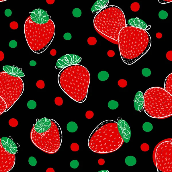 Indah pola mulus kartun hitam dan putih garis-garis strawberry, titik-titik merah dan hijau. desain kartu ucapan liburan dan undangan liburan musim panas musiman, pesta pantai, pariwisata dan perjalanan - Stok Vektor