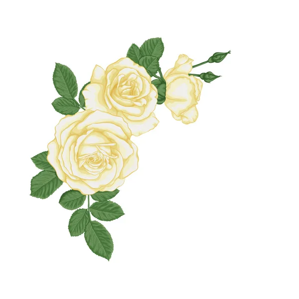 Hermoso ramo con rosas blancas y hojas. Arreglo floral. tarjeta de felicitación de diseño e invitación de la boda, cumpleaños, día de San Valentín, día de la madre y otras vacaciones . — Vector de stock