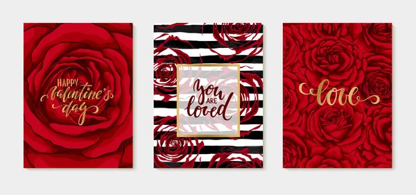 Conjunto de tarjetas de lujo feliz día de San Valentín con rosas rojas. Cepillo de caligrafía dibujado a mano. tarjeta de felicitación de diseño e invitación de boda, cumpleaños, día de San Valentín, día de la madre, día festivo . — Archivo Imágenes Vectoriales