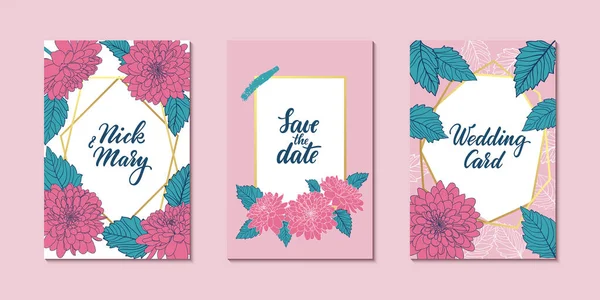 Set van Wedding uitnodiging kaart met goud geometrische veelhoekige lijnen, omtrek roze chrysant. ontwerp wenskaart van bruiloft, verjaardag, Valentijnsdag, moederdag, verjaardag. — Stockvector