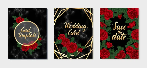 Set de tarjetas de invitación Luxury Wedding con líneas poligonales geométricas doradas, textura jaspeada, rosas rojas. tarjeta de felicitación de diseño e invitación de boda, cumpleaños, día de San Valentín, día de la madre, día festivo . — Archivo Imágenes Vectoriales
