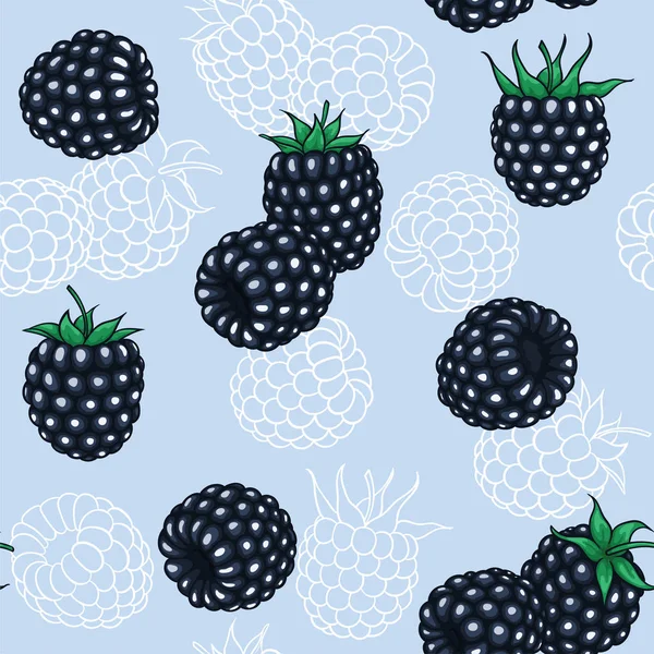 Seamless pattern blackberry with white contour on blue background, symbol of summer. design holiday greeting card and invitation of seasonal summer holidays, beach parties, tourism and travel — 스톡 벡터