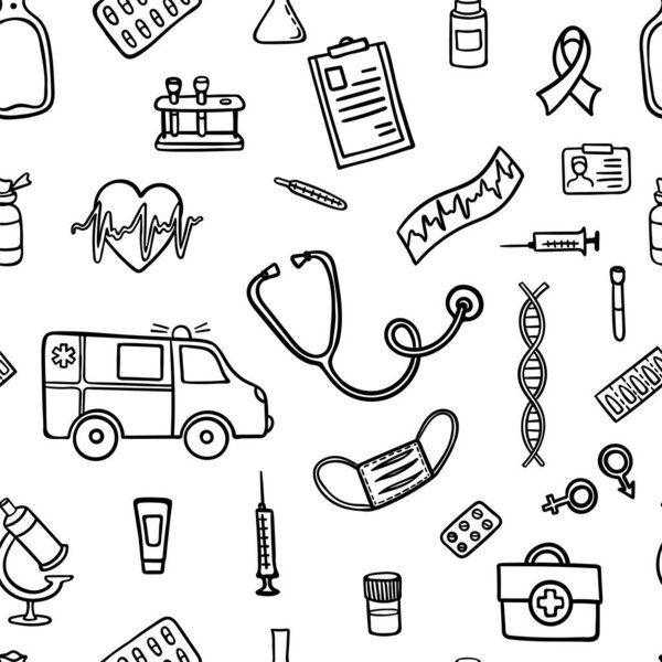 seamless pattern hand drawn doodle medicine. Ambulance sketch. Hand drawn vector illustration