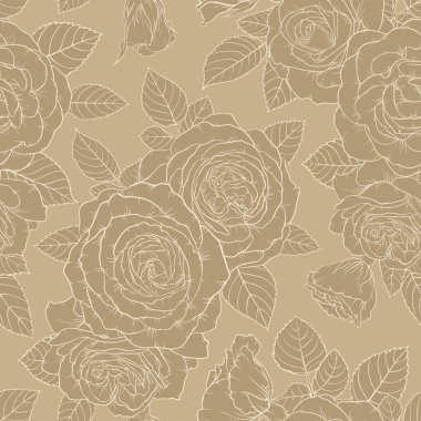 Güller, yapraklar, dallar ve yapraklarla güzel, eski, kusursuz bir desen. El çizilmiş kontür çizgileri.