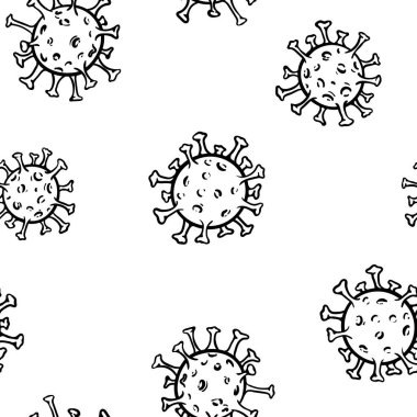 Elle çizilmiş siyah beyaz karalama çizimi kusursuz bakteri ve virüs deseni. Vektör illüstrasyonu.