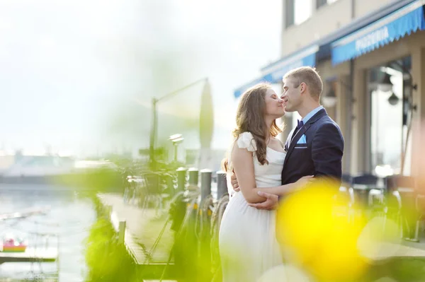 Anbud bruden och brudgummen i bröllopsdag — Stockfoto